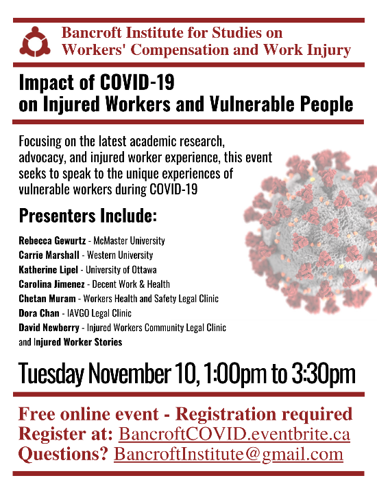 Bancroft Institute for Studies on Workers' Compensation and Work Injury online event. Impact of COVID-19 on Injured Workers and Vulnerable People flyer