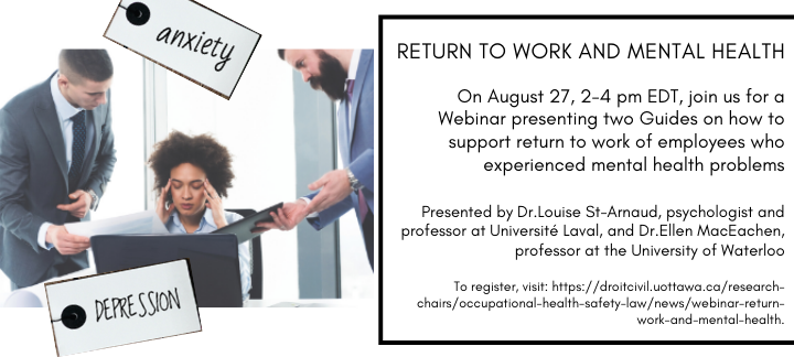 Webinar poster on Guides on Return to Work and Mental Health, August 27, 2020 from 2 to 4 pm EDT